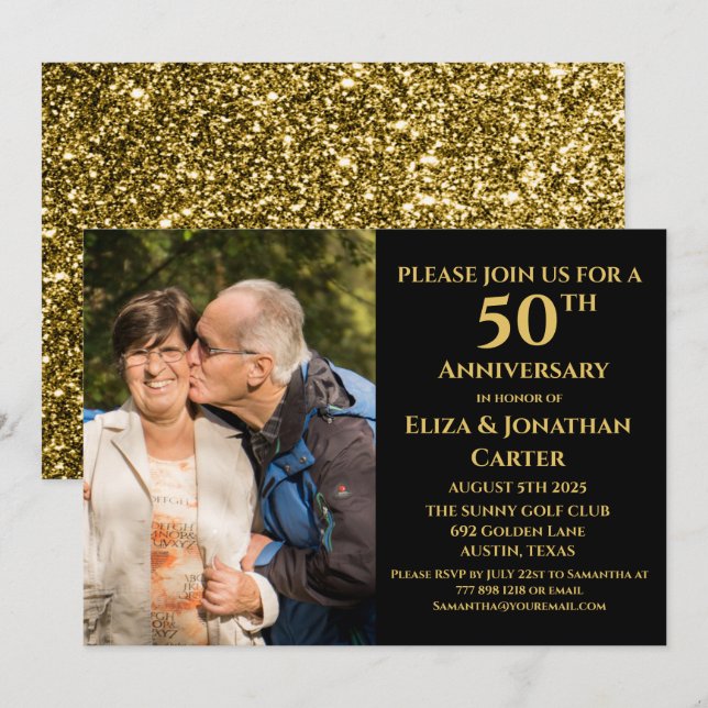 Invitation 50e Anniversaire d'or Parties scintillant noire (Devant / Derrière)