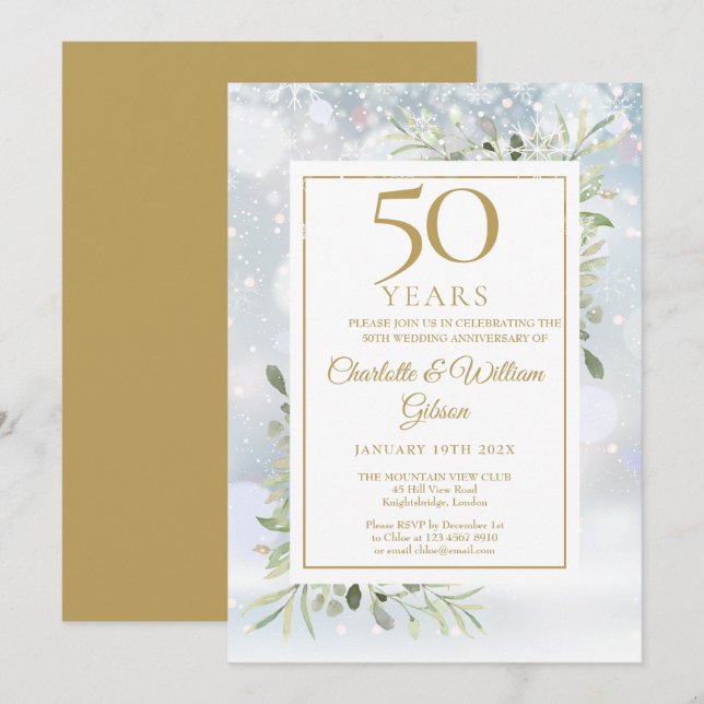 Invitation 50e Anniversaire d'or Snowflakes hiver verdure (Devant / Derrière)