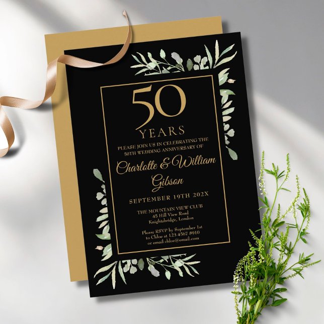 Invitation 50e Anniversaire d'or Verdure Feuille Aquarelle (50th Gold Anniversary Greenery Leaves Watercolour Invitation)