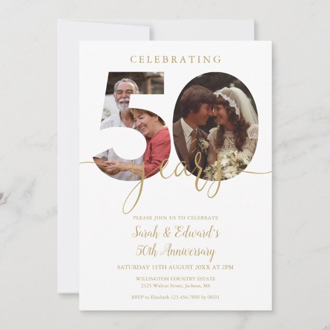 Invitation 50e anniversaire du Mariage 2 Photo Gold (Devant)