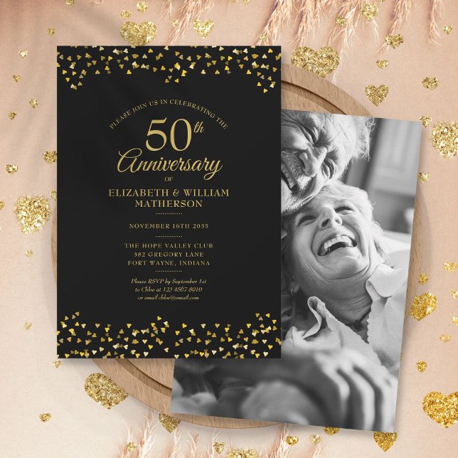 Invitation 50e anniversaire du Mariage Black Gold Hearts Phot (Créateur téléchargé)