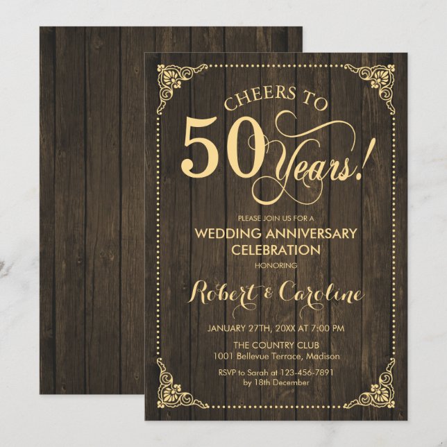 Invitation 50e anniversaire du Mariage - Bois d'or (Devant / Derrière)
