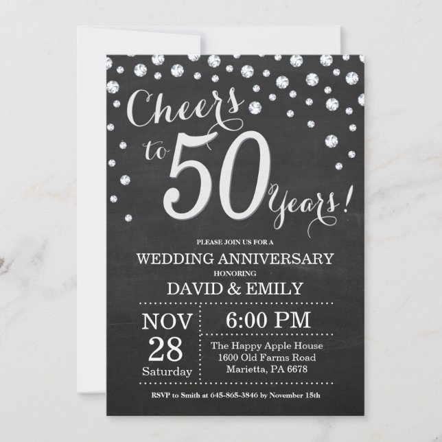 Invitation 50e anniversaire du Mariage Chalkboard Black Silve (Devant)