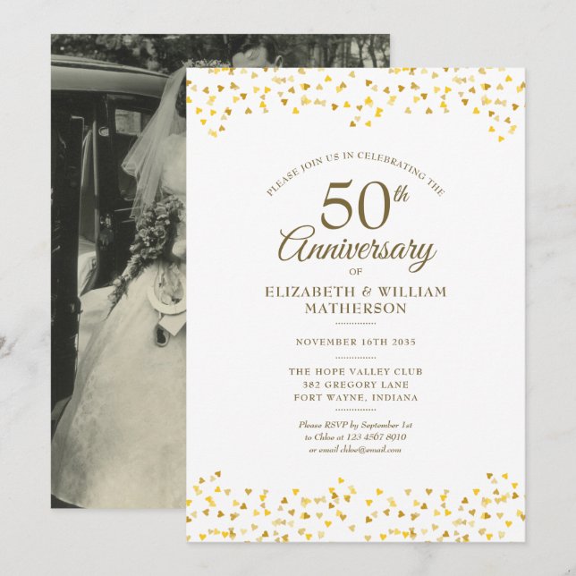 Invitation 50e anniversaire du Mariage Chic Gold Hearts Photo (Devant / Derrière)