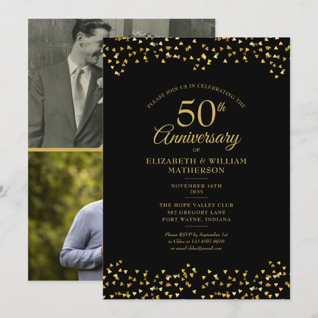 Invitation 50e anniversaire du Mariage Coeurs d'amour 2 Photo (Devant / Derrière)