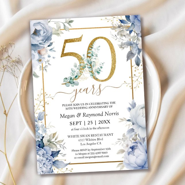 Invitation 50e anniversaire du Mariage d'or Dusty Blue Floral (Créateur téléchargé)