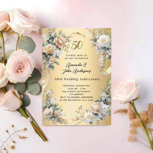 Invitation 50e anniversaire du mariage floraux jaunes d'or