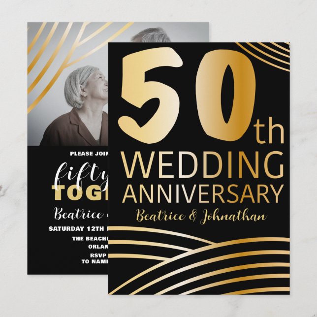 Invitation 50e anniversaire du Mariage Photo Black & Gold (Devant / Derrière)