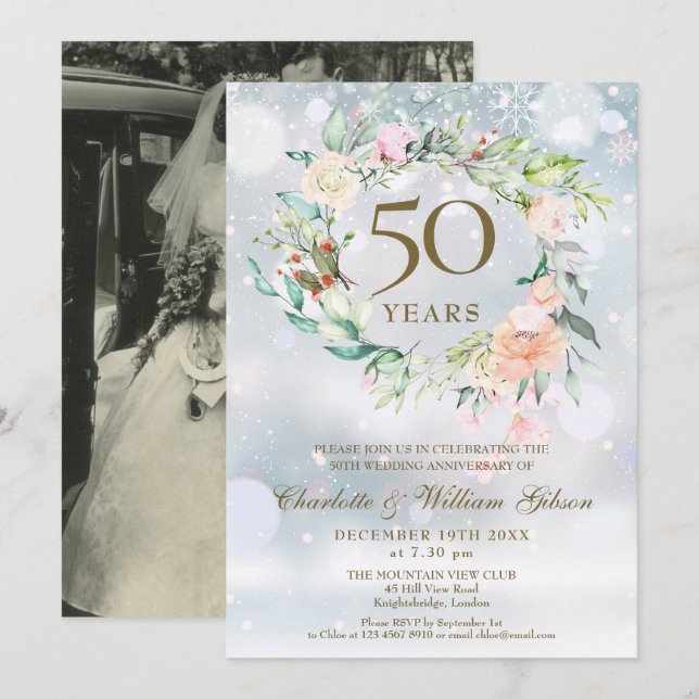 Invitation 50e anniversaire du Mariage Photo Floral hiver (Devant / Derrière)