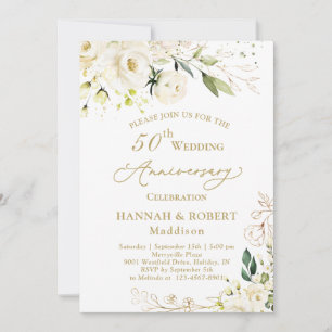 Invitation 50e anniversaire du Mariage Roses blanches Foliage