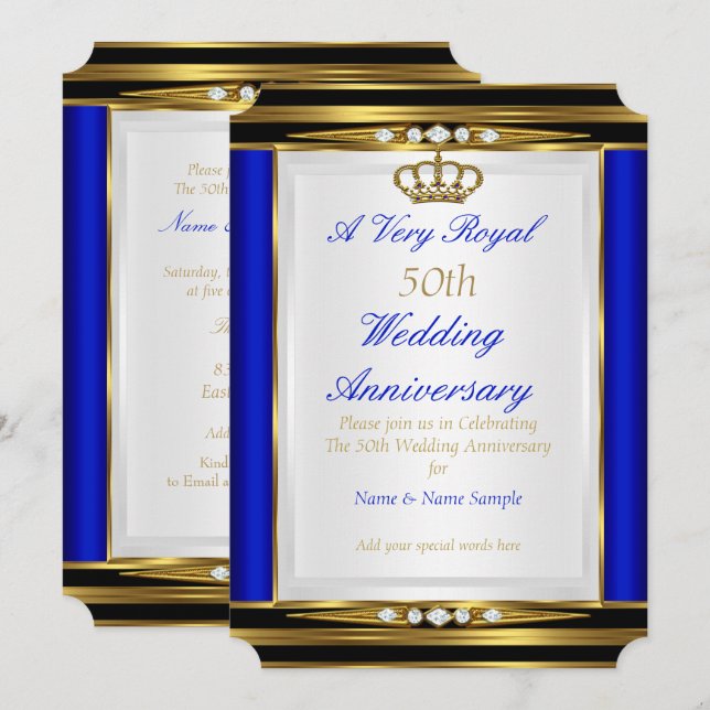 Invitation 50e anniversaire du Mariage Royal Blue Gold Crown  (Devant / Derrière)