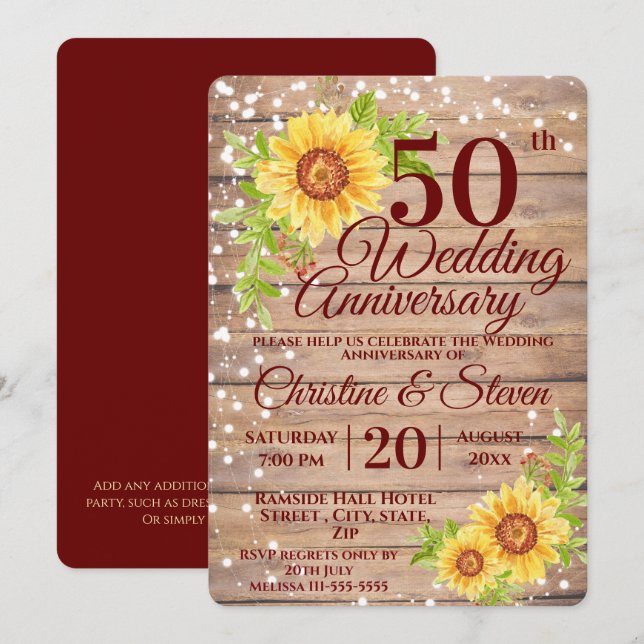 Invitation 50e anniversaire du Mariage Tournesol rustique (Devant / Derrière)