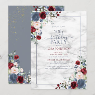 Invitation 50e anniversaire Dusty Blue Bourgogne Blush Gold