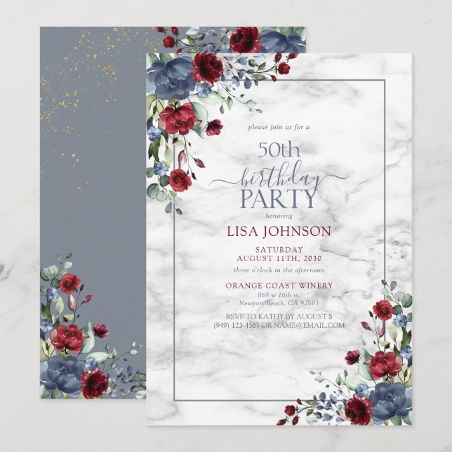 Invitation 50e anniversaire Dusty Blue Bourgogne or Floral (Devant / Derrière)