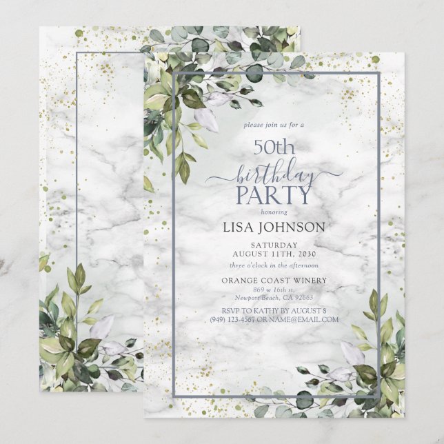 Invitation 50e anniversaire Dusty Blue Eucalyptus verdure (Devant / Derrière)