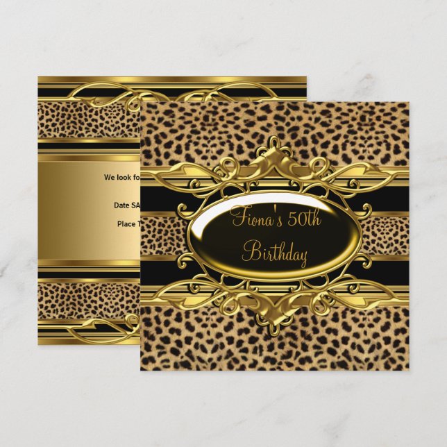 Invitation 50e anniversaire Elegant Classy Gold Leopard noir (Devant / Derrière)