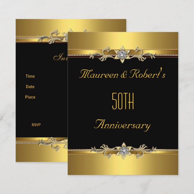 Invitation 50e anniversaire Élégant Or noir (Devant / Derrière)