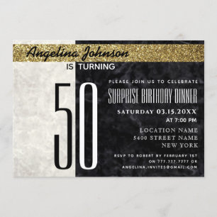 Invitation 50e Anniversaire Élégant Or Noir et Blanc Marbre