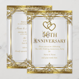 Invitation 50e Anniversaire Élégant Or Perle Blanche