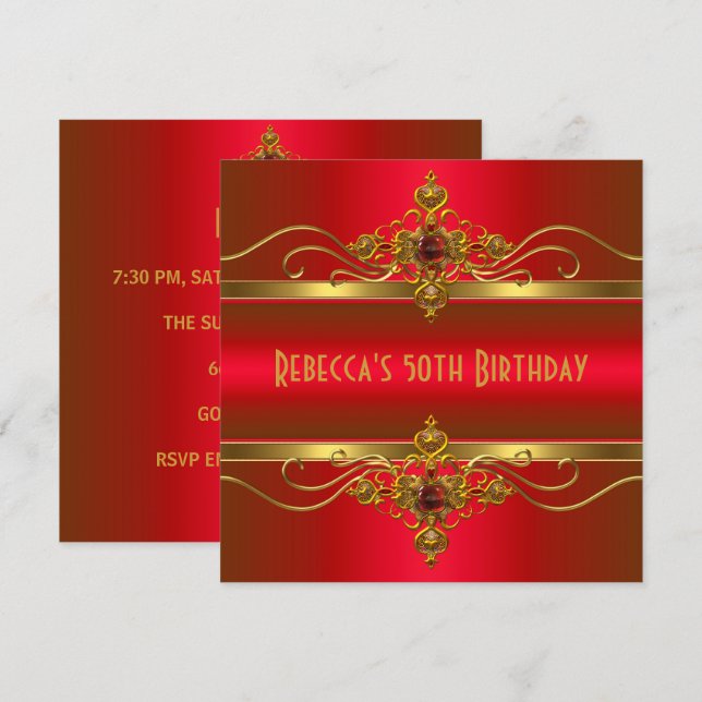 Invitation 50e anniversaire Elegant Rich Velvet Rouge Bijou d (Devant / Derrière)