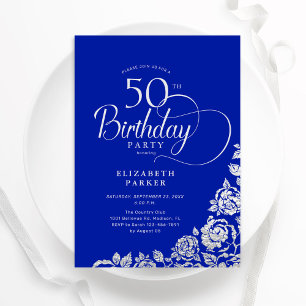 Invitation 50e anniversaire Elégant Royal Blue Roses d'argent