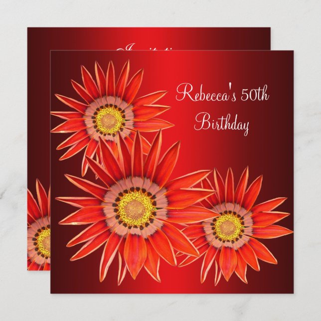 Invitation 50e anniversaire Elégante Fleurs rouges (Devant / Derrière)