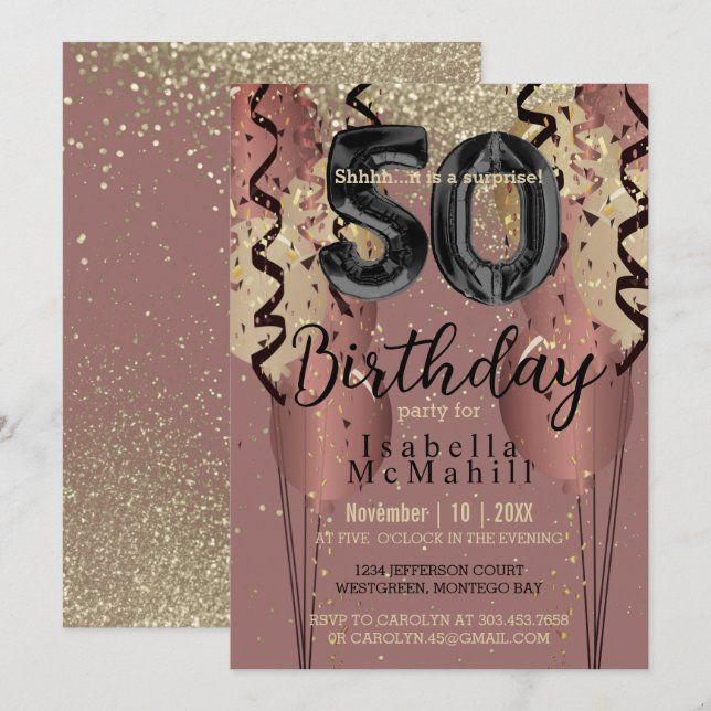 Invitation 50e anniversaire en Parties scintillant d'or noir  (Devant / Derrière)