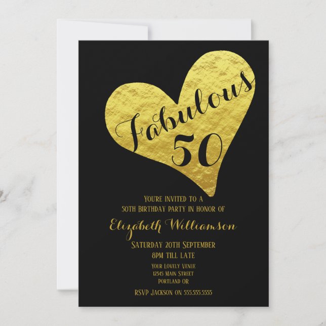 Invitation 50e anniversaire Fabuleux 50 Noir | Coeur Or Faux (Devant)