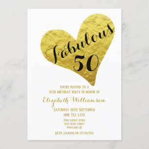Invitation 50e anniversaire Fabulos 50 Blanc Cœur en faux or