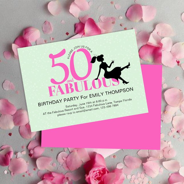 Invitation 50e Anniversaire fête Chic Rose Personnalisé (50th birthday party invitation with pink and green. )