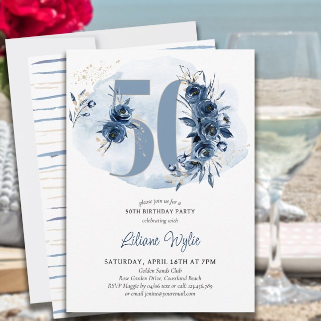 Invitation 50e anniversaire Fête Côte Bleu Floral Numéro 50 (Créateur téléchargé)