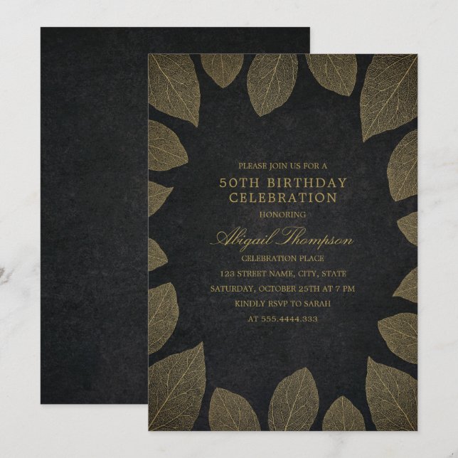 Invitation 50e anniversaire fête Elégant Feuilles d'or noir (Devant / Derrière)