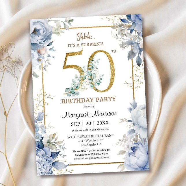 Invitation 50e anniversaire fête Elégante Dusty Blue Floral (Créateur téléchargé)