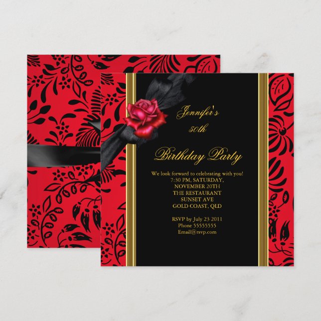 Invitation 50e Anniversaire Fête Élégante Rouge Damas Or Noir (Devant / Derrière)