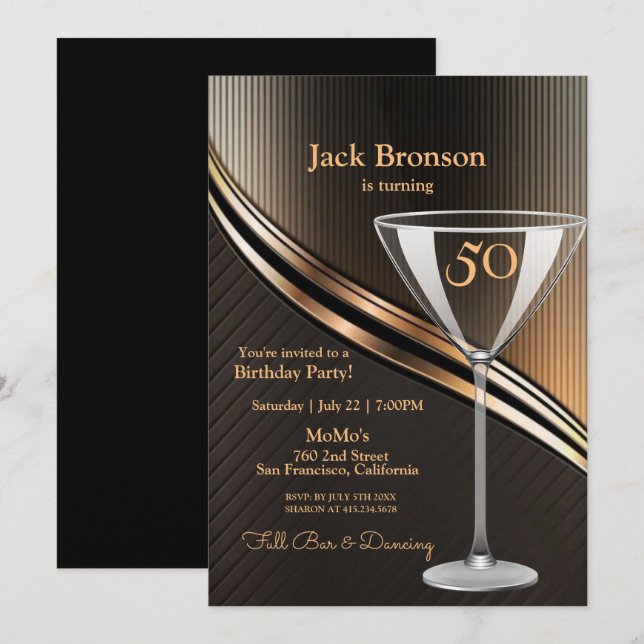 Invitation 50e Anniversaire Fête Noir & Bronze Thème Annivers (Devant / Derrière)