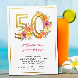 Invitation 50e anniversaire fête Plutôt Floral Gold Numéro 50