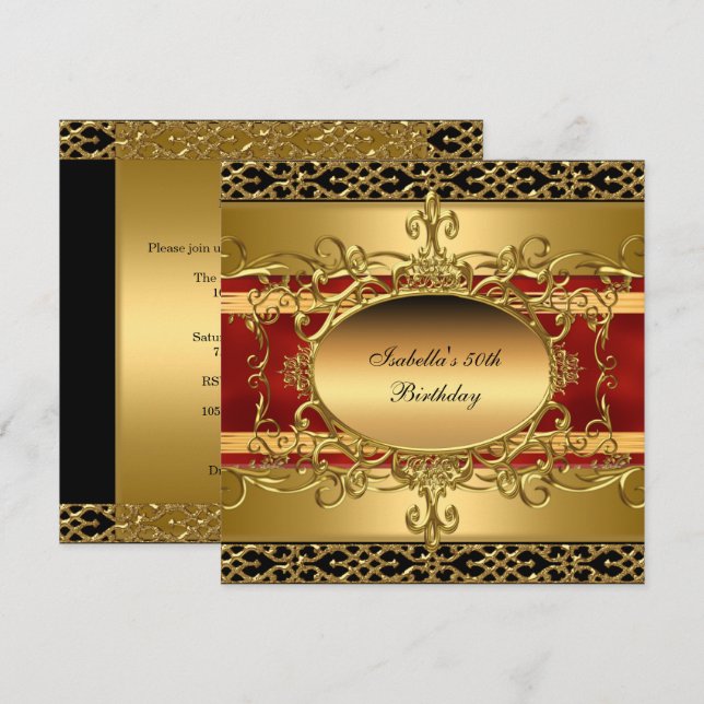 Invitation 50e anniversaire Fête Riche Rouge Or Flourish (Devant / Derrière)