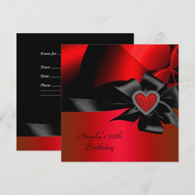 Invitation 50e Anniversaire Fête Rouge Argent Abstrait Noir (Devant / Derrière)