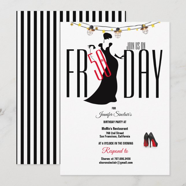 Invitation 50e anniversaire fête Stripes Stiletto unique (Devant / Derrière)