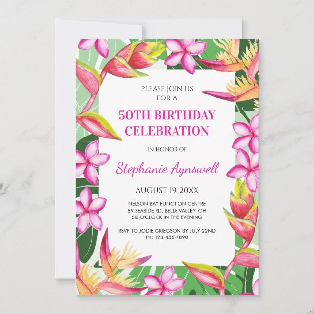 Invitation 50e anniversaire Fleurs tropicales Feuille Hawaiia (Devant)
