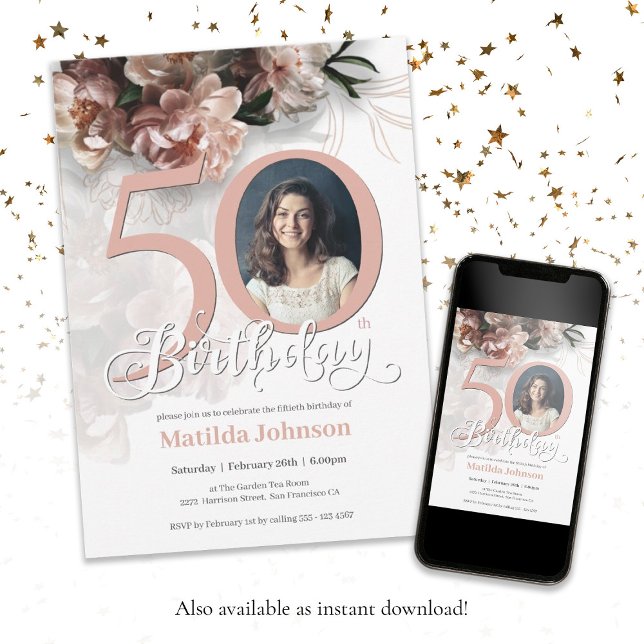 Invitation 50e anniversaire Floral blanc rose doux photo élég (50th Birthday White Floral Soft Pink Elegant Photo Invitation)