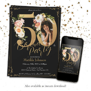 Invitation 50e anniversaire Floral Boho Photo personnalisée
