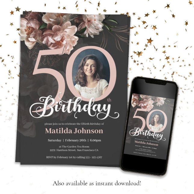 Invitation 50e anniversaire Floral Rose doux Photo élégante (50th Birthday Floral Soft Pink Lush Elegant Photo Invitation)