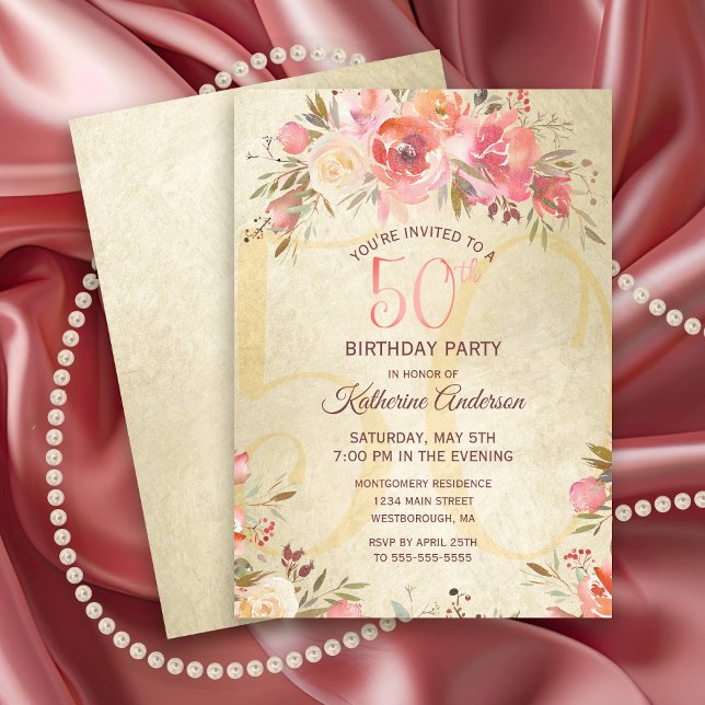 Invitation 50e anniversaire Floral rose Roses Gold Shimmer Pa (Elegant 50th Birthday Party Invitation with Pink roses on a gold shimmer background)