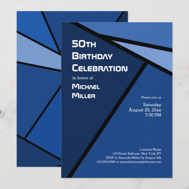 Invitation 50e anniversaire Formes géométriques bleues modern (Devant / Derrière)