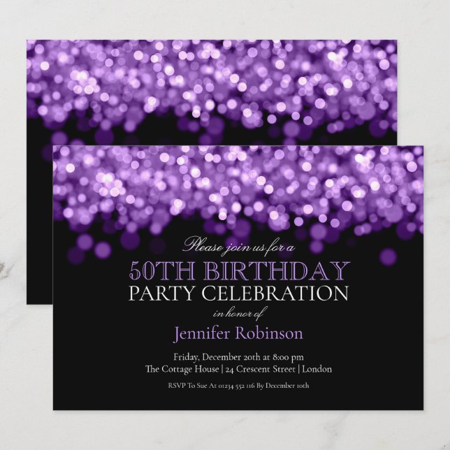 Invitation 50e anniversaire Glam Purple Lights (Devant / Derrière)