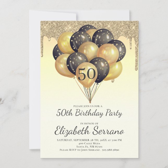 Invitation 50e anniversaire Gold Black Balloons Parties scint (Devant)