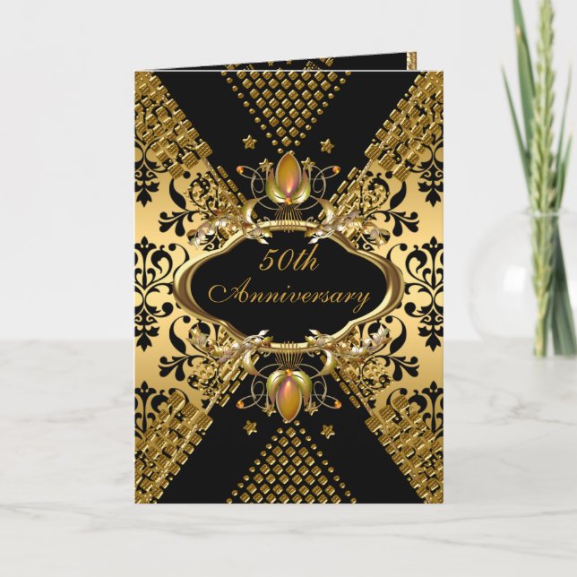 Invitation 50e Anniversaire Gold Black Damask Déco 3 (Devant)