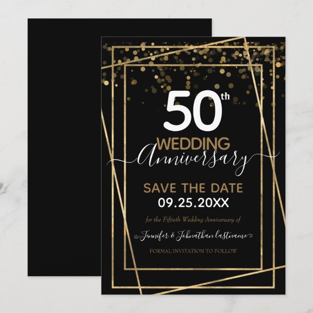 Invitation 50e anniversaire Gold Border Enregistrer la date (Devant / Derrière)