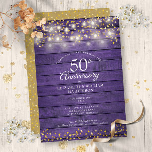 Invitation 50e Anniversaire Gold Hearts String Lights Wood